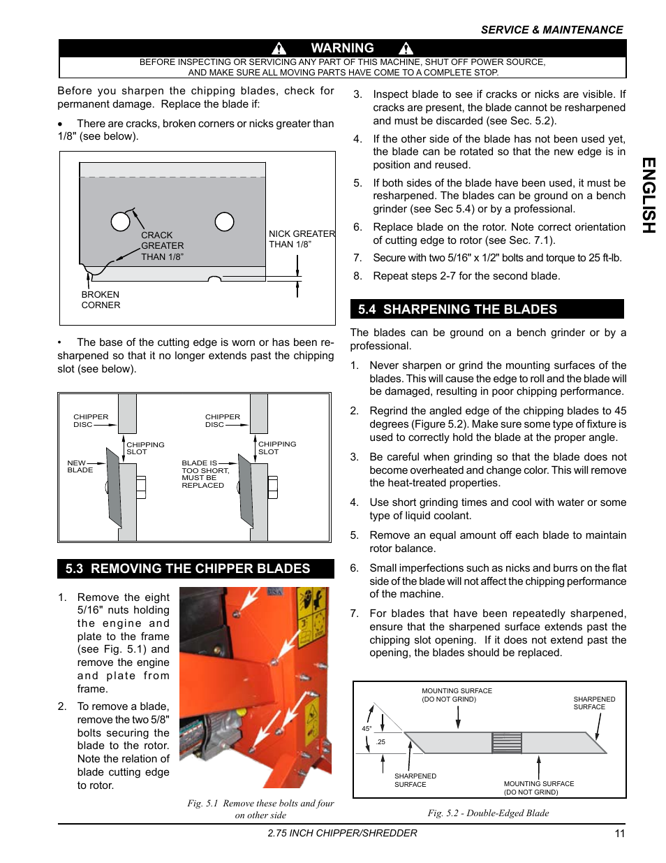 3 removing the chipper blades, 4 sharpening the blades, Engli sh | Warning | Echo Bear Cat SC2206 User Manual | Page 15 / 28