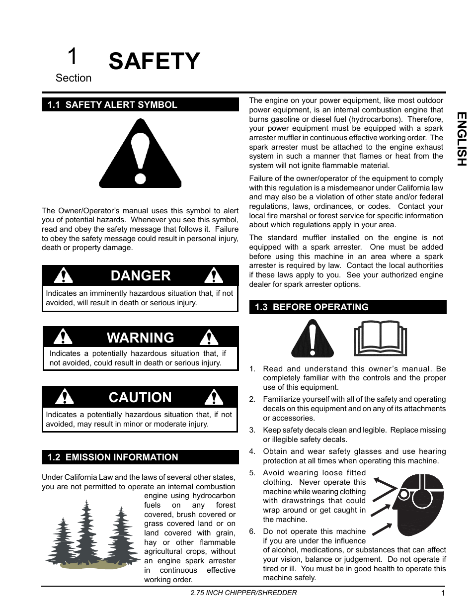 Safety, 1 safety alert symbol, 2 emission information | 3 before operating, 1 safety, Caution warning, Danger, Engli sh | Echo Bear Cat SC2206 User Manual | Page 5 / 28