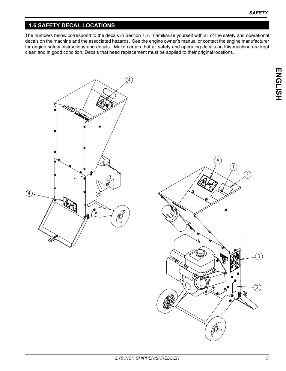 6 safety decal locations, Engli sh | Echo Bear Cat SC2206 User Manual | Page 7 / 28