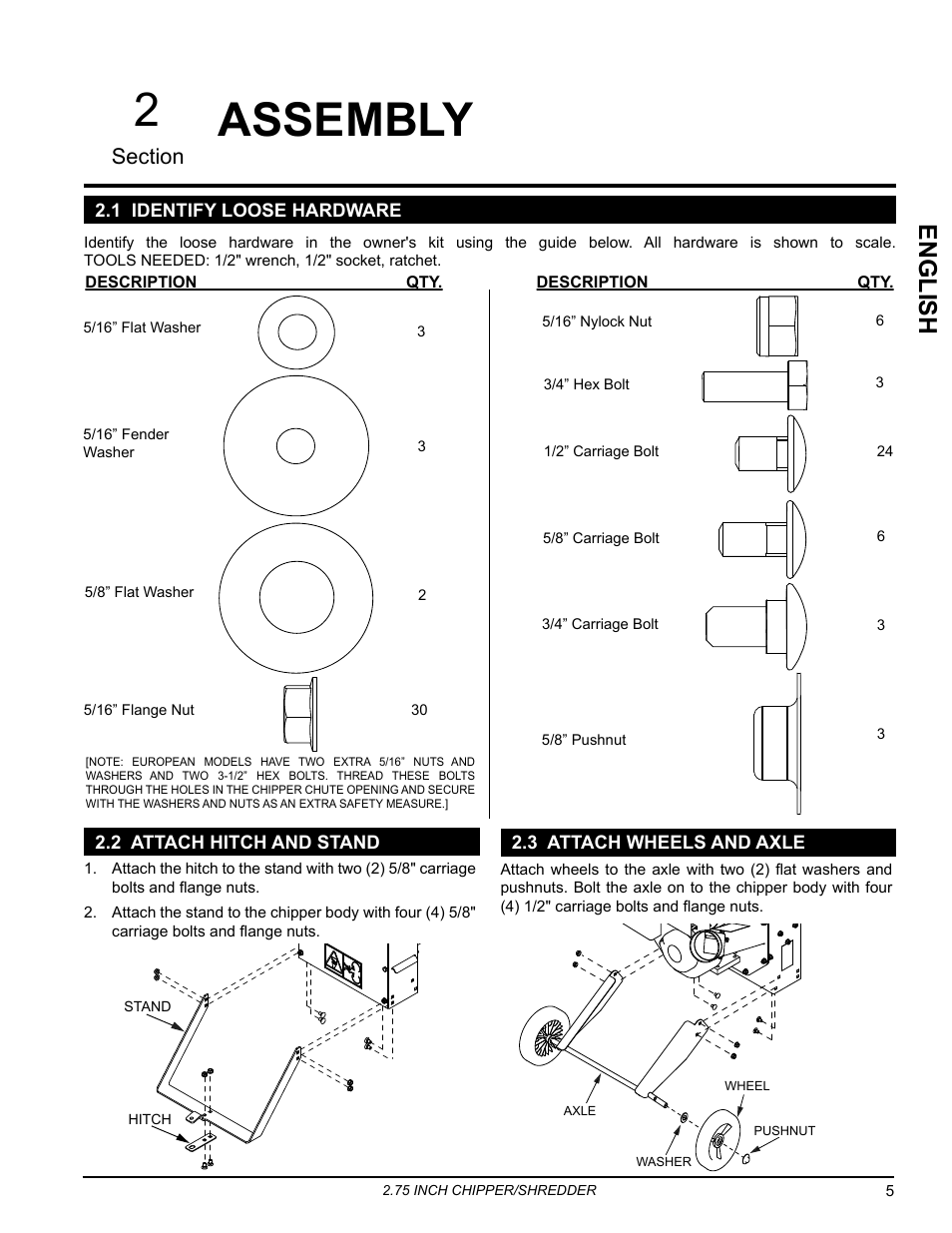 Assembly, 1 identify loose hardware, 2 attach hitch and stand | 3 attach wheels and axle, 2 assembly, Engli sh | Echo Bear Cat SC2206 User Manual | Page 9 / 28