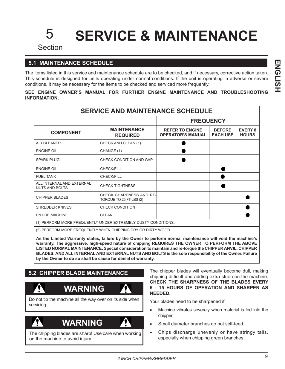 Service & maintenance, 1 maintenance schedule, 2 chipper blade maintenance | Service & maintenance 5, Warning, Service and maintenance schedule | Echo Bear Cat SC2170 User Manual | Page 13 / 21