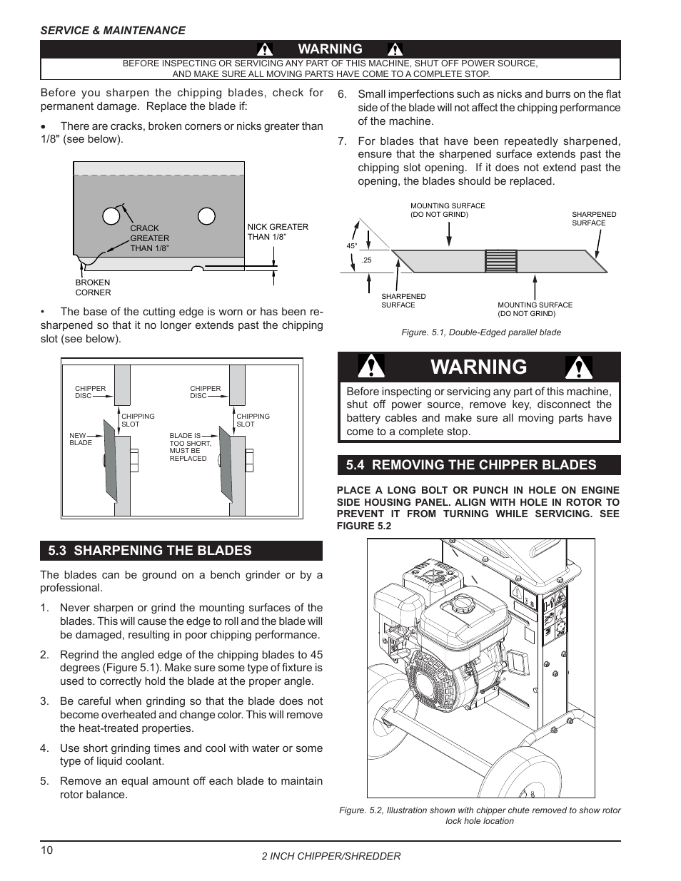 3 sharpening the blades, 4 removing the chipper blades, Warning | Warning 5.4 removing the chipper blades | Echo Bear Cat SC2170 User Manual | Page 14 / 21