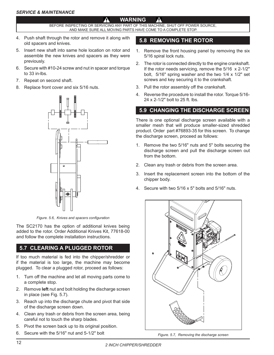 5 shredder flail maintenance, 6 clearing a plugged rotor, 7 removing the rotor | 8 changing the discharge screen | Echo Bear Cat SC2170 User Manual | Page 16 / 21