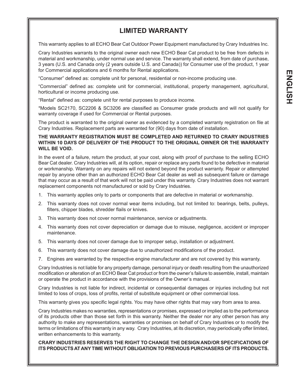 English, Limited warranty | Echo Bear Cat SC2170 User Manual | Page 3 / 21