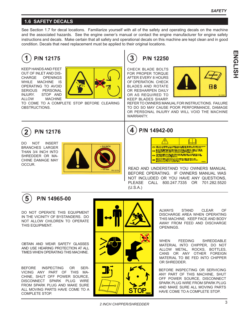 6 safety decals, English | Echo Bear Cat SC2170 User Manual | Page 7 / 21