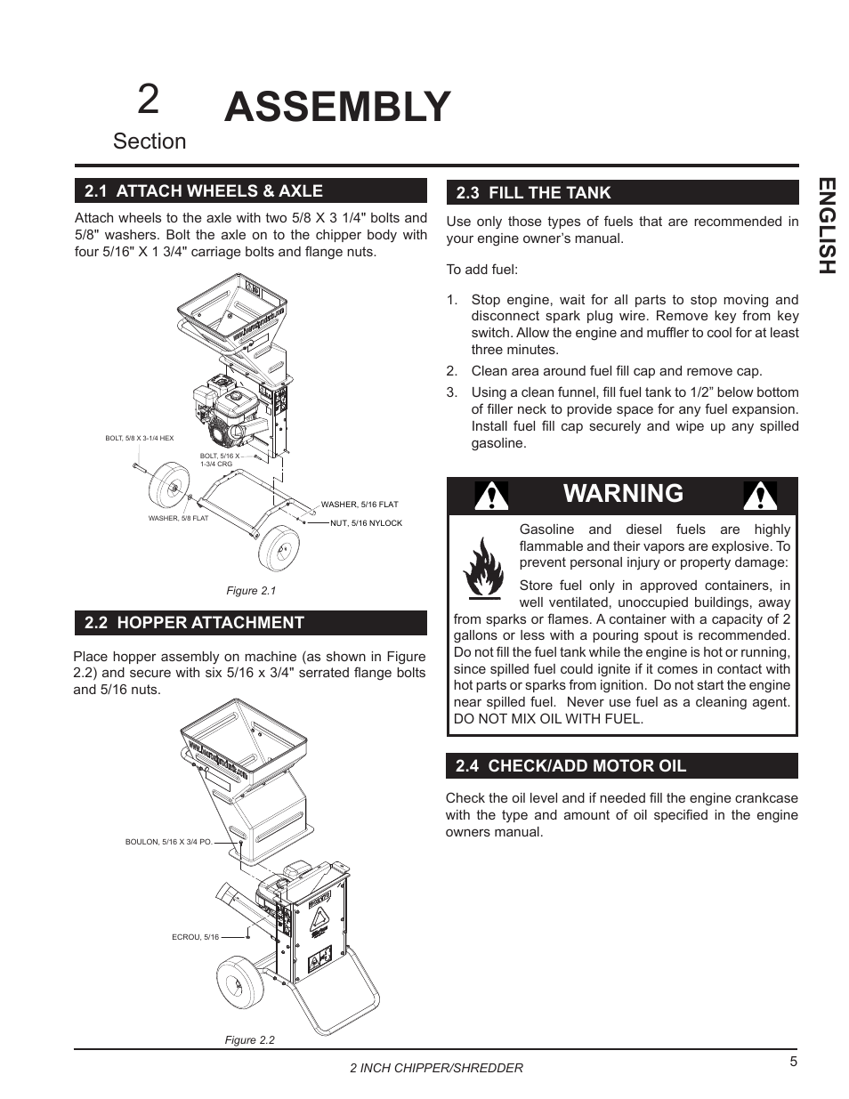 Assembly, 1 attach wheels & axle, 2 hopper attachment | 3 fill the tank, 4 check/add motor oil, Assembly 2, Warning | Echo Bear Cat SC2170 User Manual | Page 9 / 21