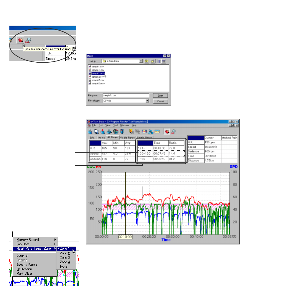 Superimposing h.r. target zone data, Smoothing graph, Superimposing heart rate target zone data | CatEye MSC Download Kit User Manual | Page 23 / 37