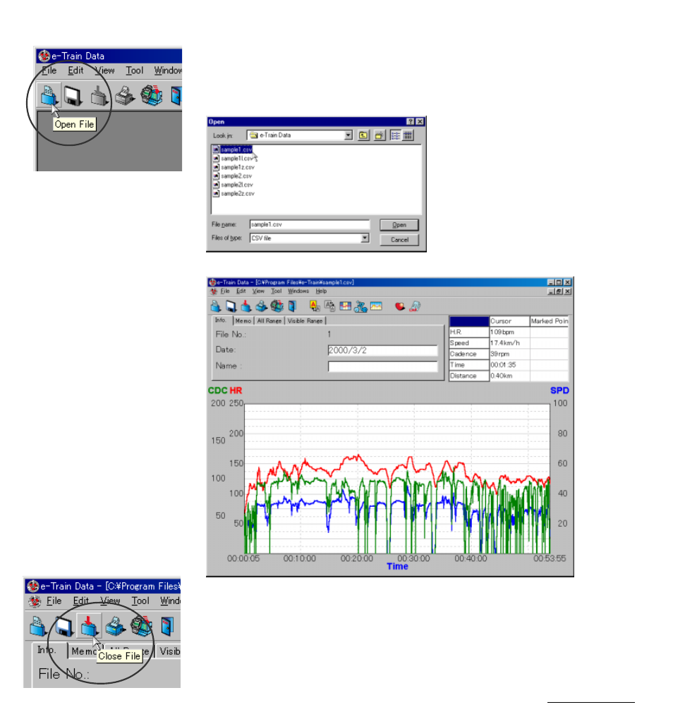 Opening/closing file, Operating e-train data | CatEye MSC Download Kit User Manual | Page 9 / 37