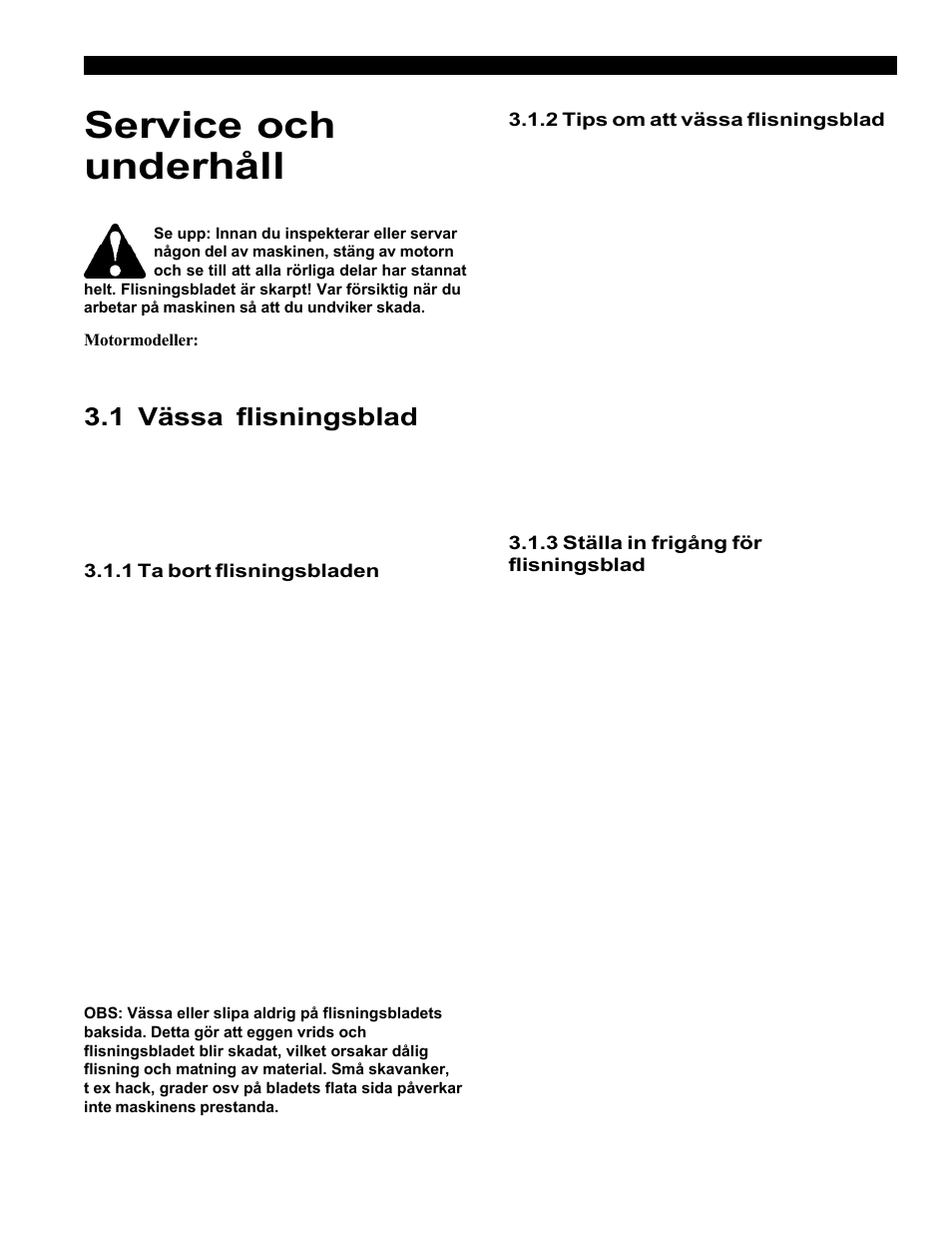Service och underhåll, 1 vässa flisningsblad | Echo Bear Cat 70554S User Manual | Page 114 / 125
