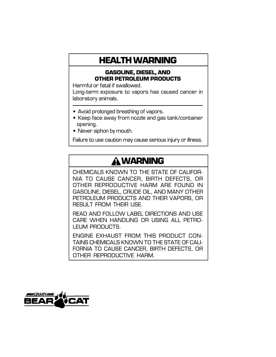 Health warning, Warning | Echo Bear Cat 70554S User Manual | Page 125 / 125