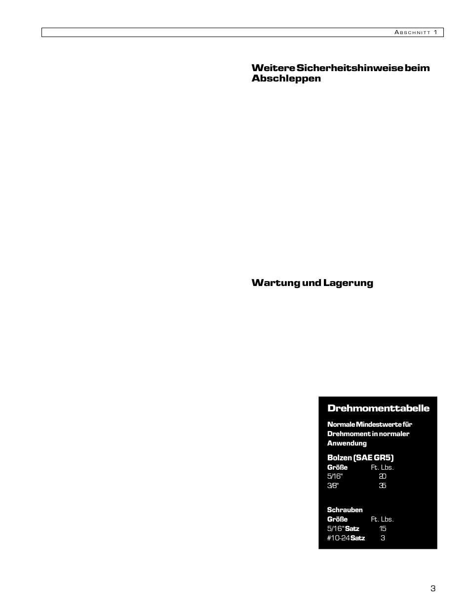 Weitere sicherheitshinweise beim abschleppen, Wartung und lagerung, Drehmomenttabelle | Echo Bear Cat 70580S User Manual | Page 38 / 103