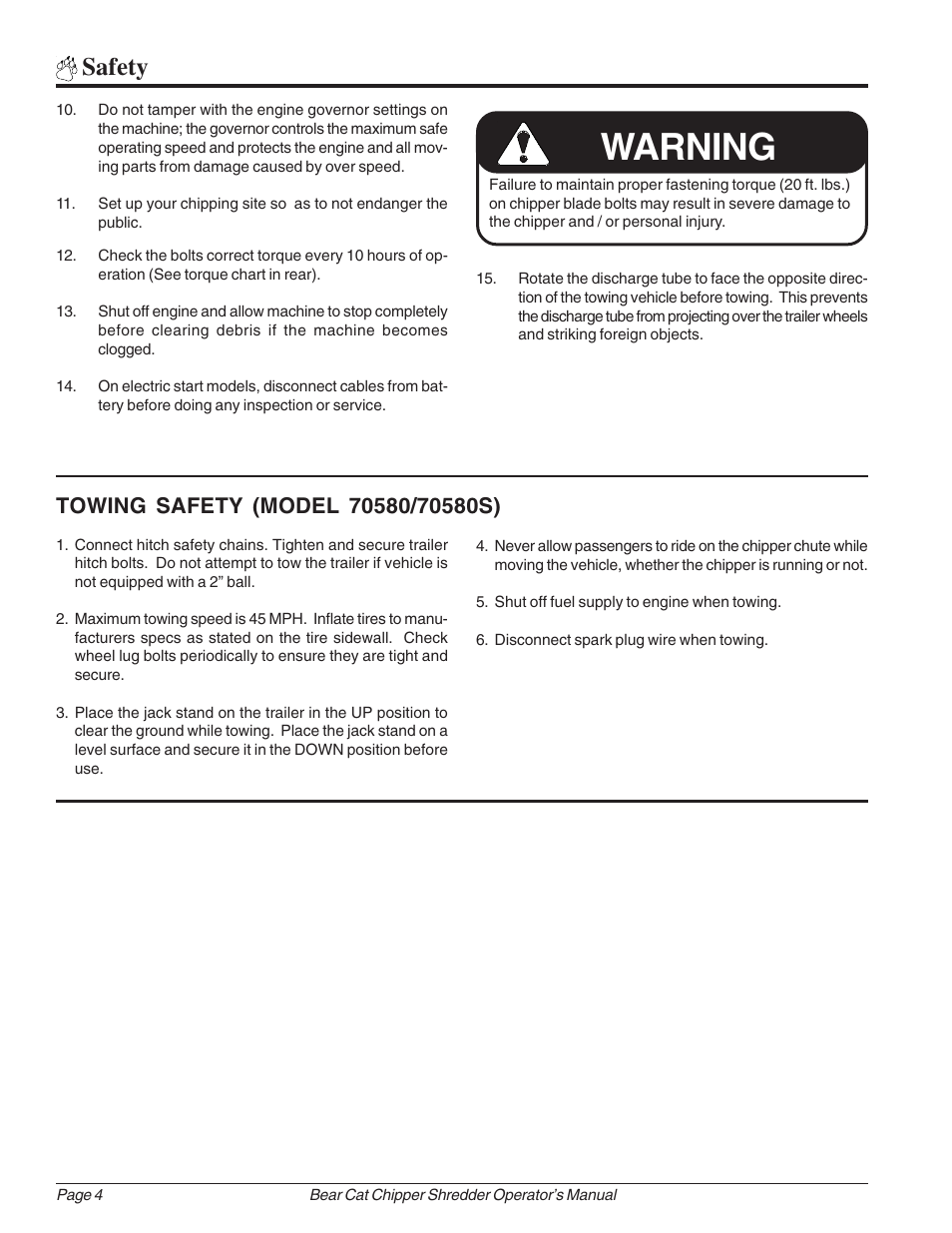 Warning, Safety | Echo Bear Cat 70385 User Manual | Page 10 / 52