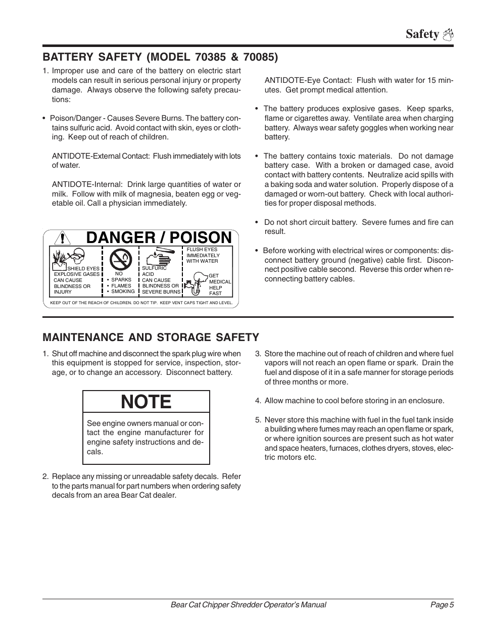Danger / poison, Safety, Maintenance and storage safety | Echo Bear Cat 70385 User Manual | Page 11 / 52