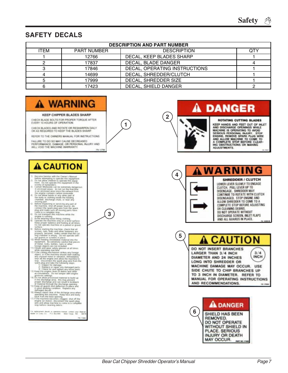 Safety, Safety decals | Echo Bear Cat 70385 User Manual | Page 13 / 52
