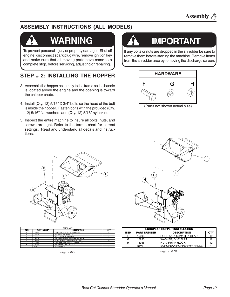 Important, Warning, Assembly | Hg f, Hardware, Parts not shown actual size) | Echo Bear Cat 70385 User Manual | Page 25 / 52