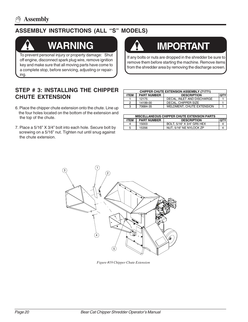 Important warning, Assembly | Echo Bear Cat 70385 User Manual | Page 26 / 52