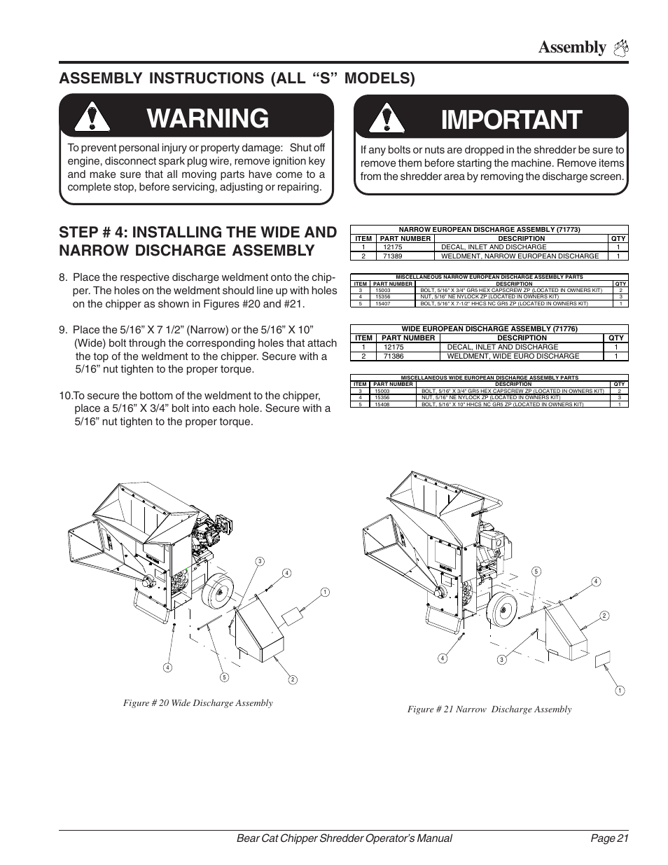 Important, Warning, Assembly | Assembly instructions (all “s” models), Figure # 20 wide discharge assembly, Figure # 21 narrow discharge assembly | Echo Bear Cat 70385 User Manual | Page 27 / 52