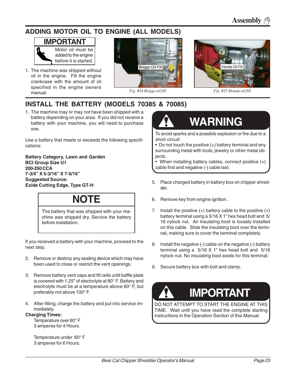 Warning important, Assembly, Important | Adding motor oil to engine (all models) | Echo Bear Cat 70385 User Manual | Page 29 / 52