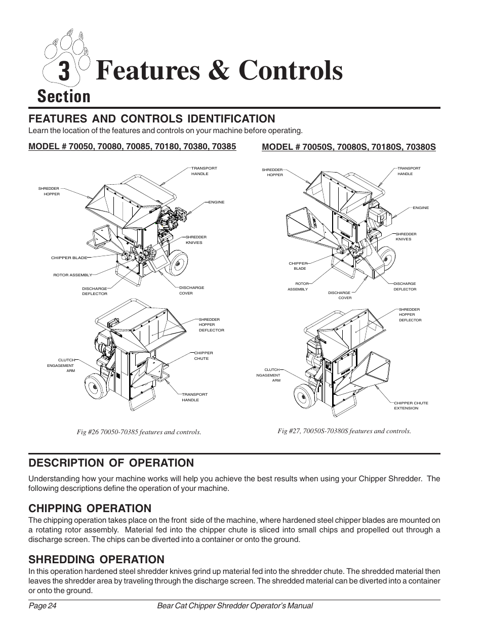 3 features & controls, Description of operation, Chipping operation | Shredding operation, Features and controls identification | Echo Bear Cat 70385 User Manual | Page 30 / 52