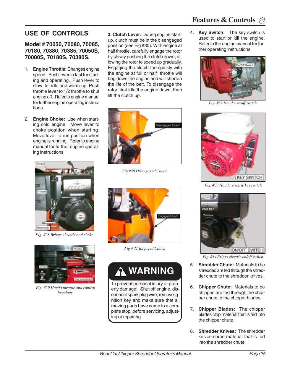 Warning, Features & controls, Use of controls | Echo Bear Cat 70385 User Manual | Page 31 / 52