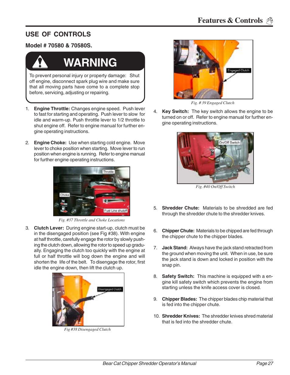 Warning, Features & controls, Use of controls | Echo Bear Cat 70385 User Manual | Page 33 / 52