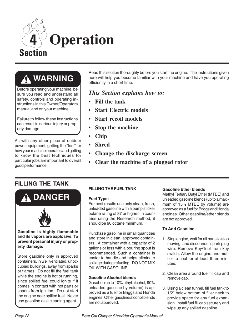 4 operation, Warning, Danger | Echo Bear Cat 70385 User Manual | Page 34 / 52