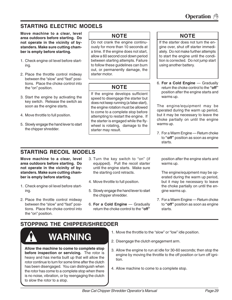 Warning, Operation, Starting recoil models starting electric models | Stopping the chipper/shredder | Echo Bear Cat 70385 User Manual | Page 35 / 52