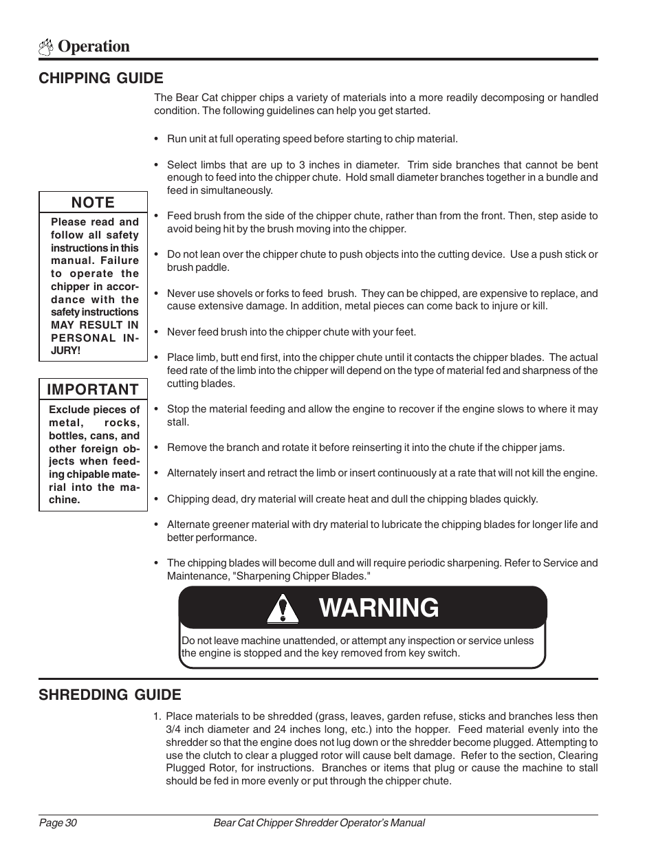 Warning, Operation, Chipping guide | Shredding guide | Echo Bear Cat 70385 User Manual | Page 36 / 52