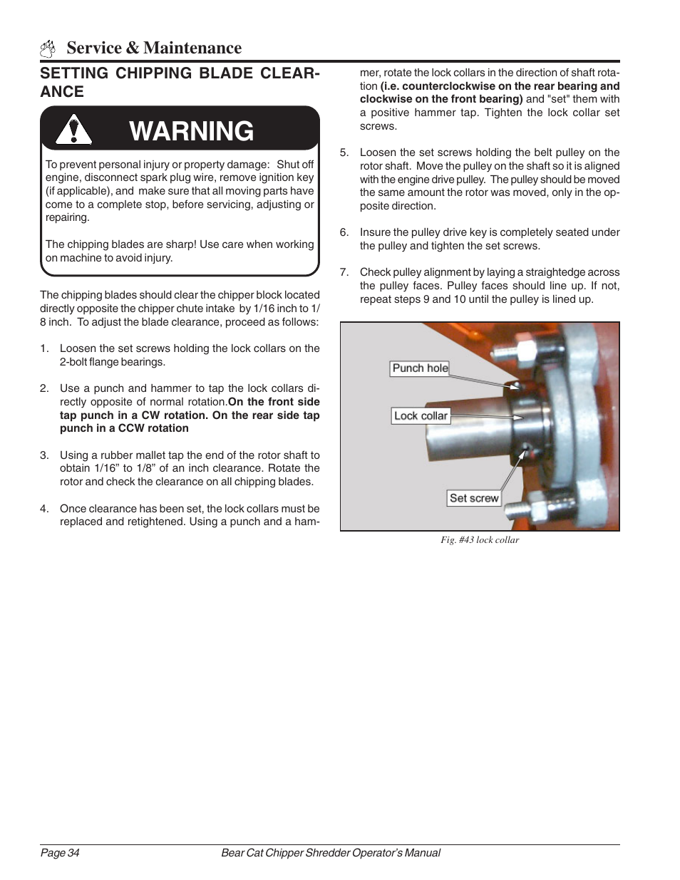 Warning, Service & maintenance, Setting chipping blade clear- ance | Echo Bear Cat 70385 User Manual | Page 40 / 52