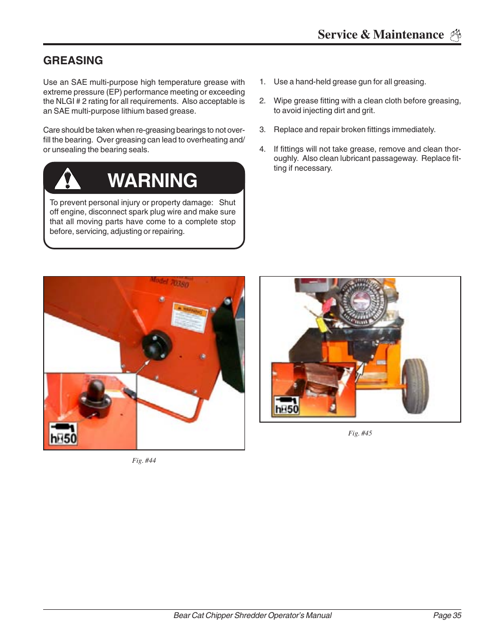 Warning, Service & maintenance, Greasing | Echo Bear Cat 70385 User Manual | Page 41 / 52