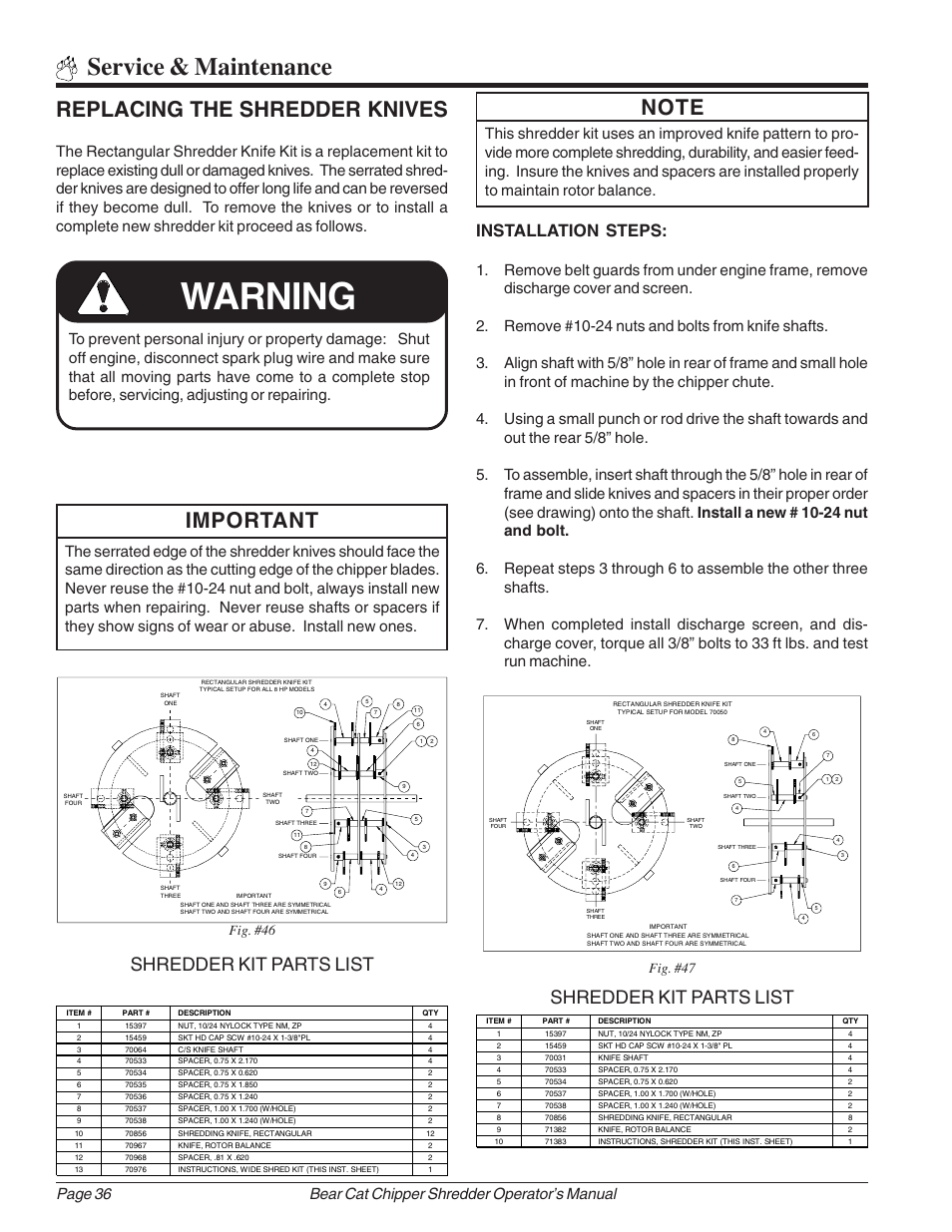 Warning, Service & maintenance, Important | Replacing the shredder knives, Shredder kit parts list, Installation steps, Fig. #47, Fig. #46 | Echo Bear Cat 70385 User Manual | Page 42 / 52