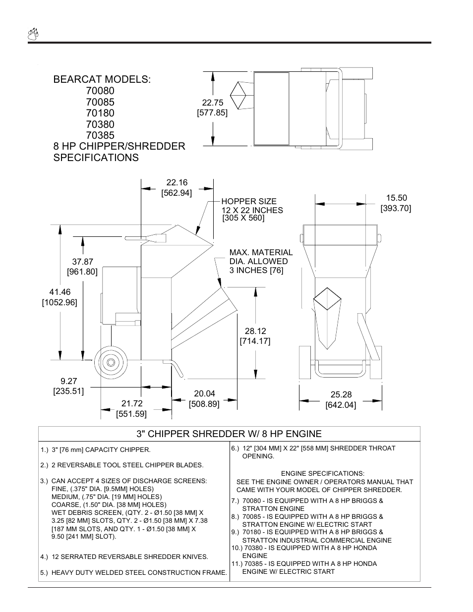 Specifications | Echo Bear Cat 70385 User Manual | Page 48 / 52