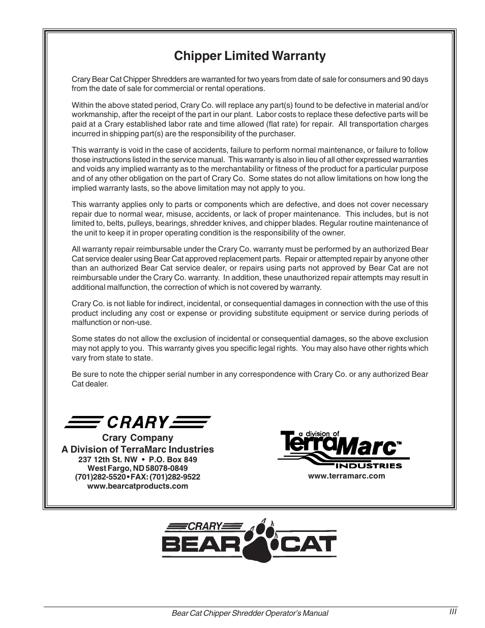 Chipper limited warranty | Echo Bear Cat 70385 User Manual | Page 5 / 52