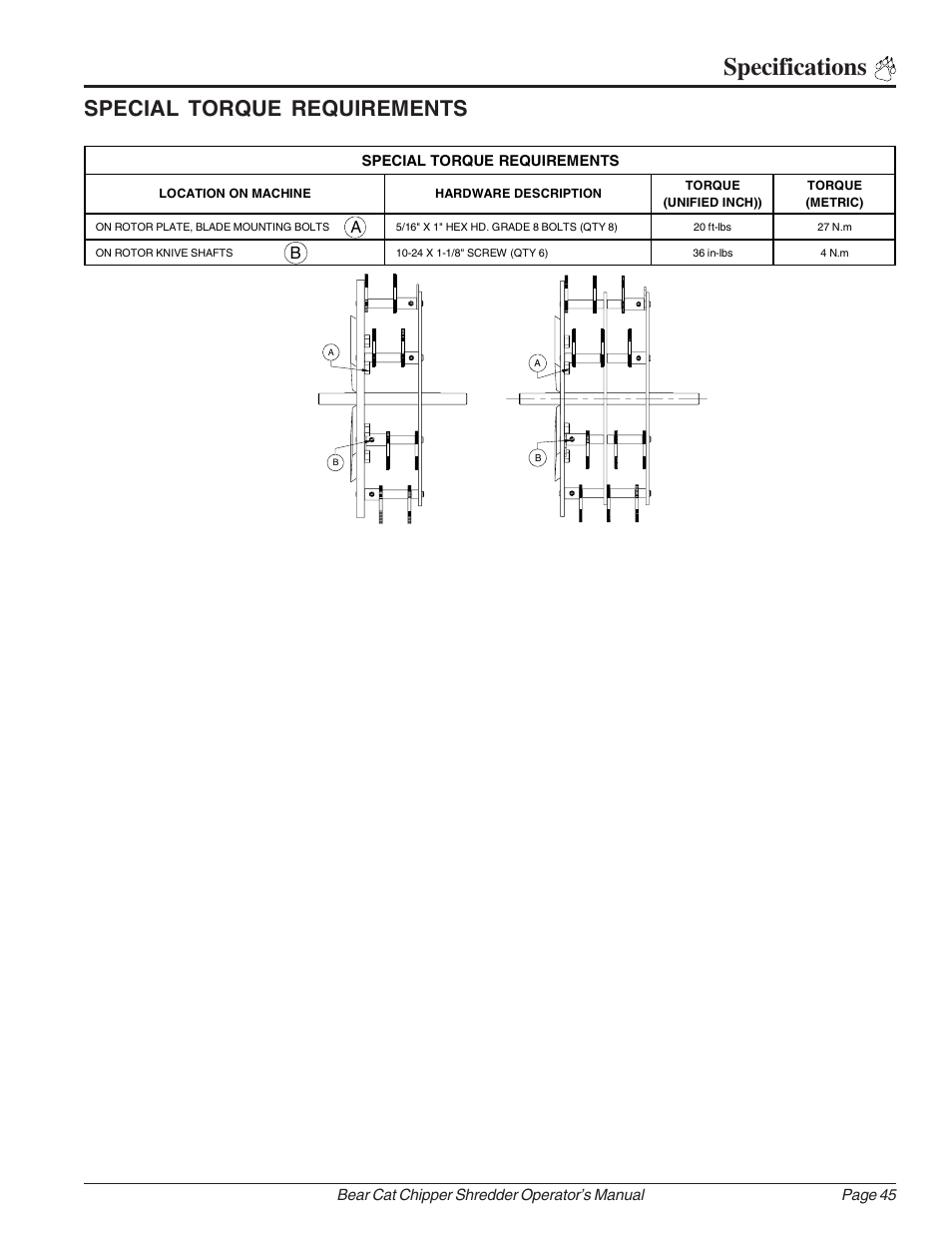 Specifications, Special torque requirements | Echo Bear Cat 70385 User Manual | Page 51 / 52