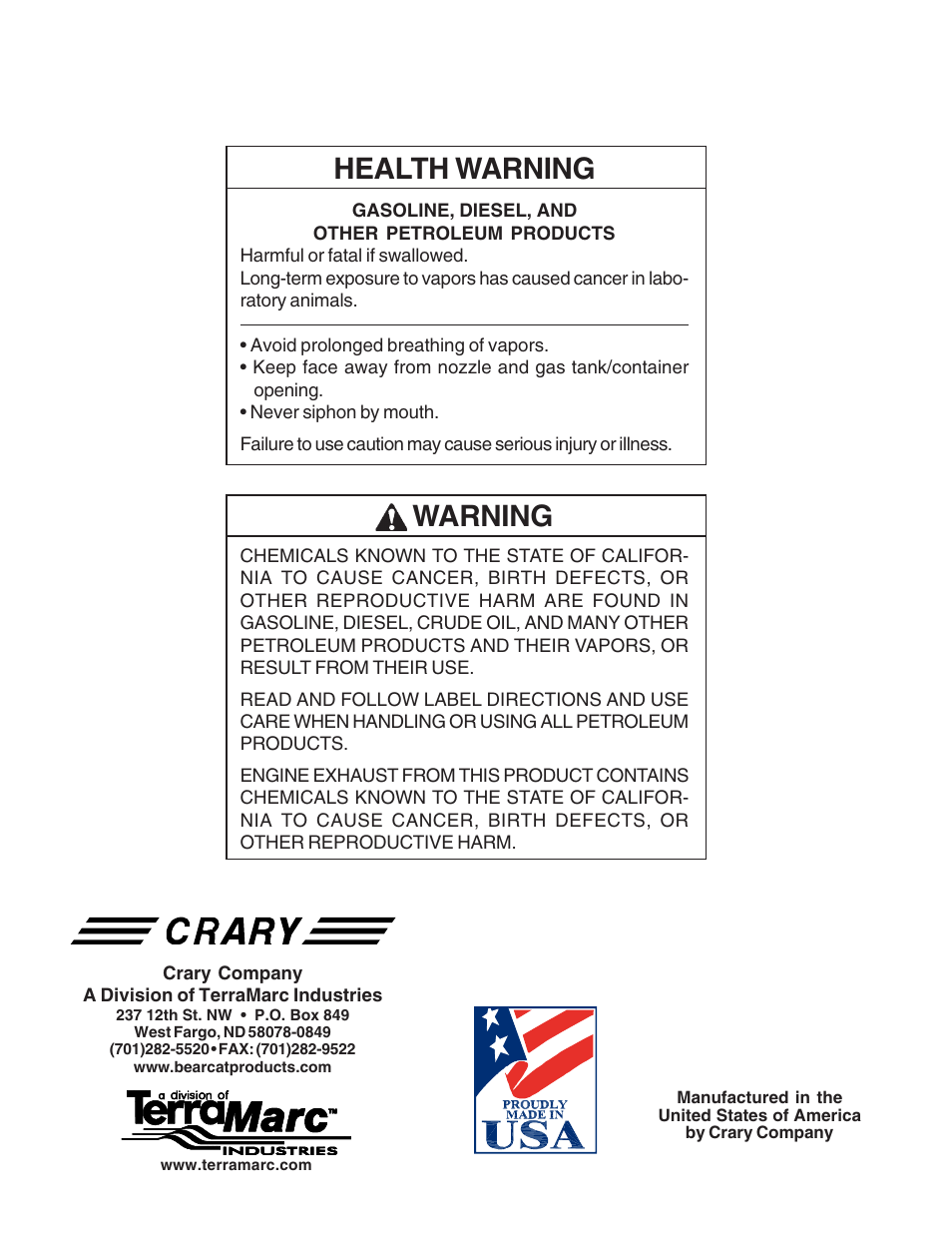 Health warning, Warning | Echo Bear Cat 70385 User Manual | Page 52 / 52