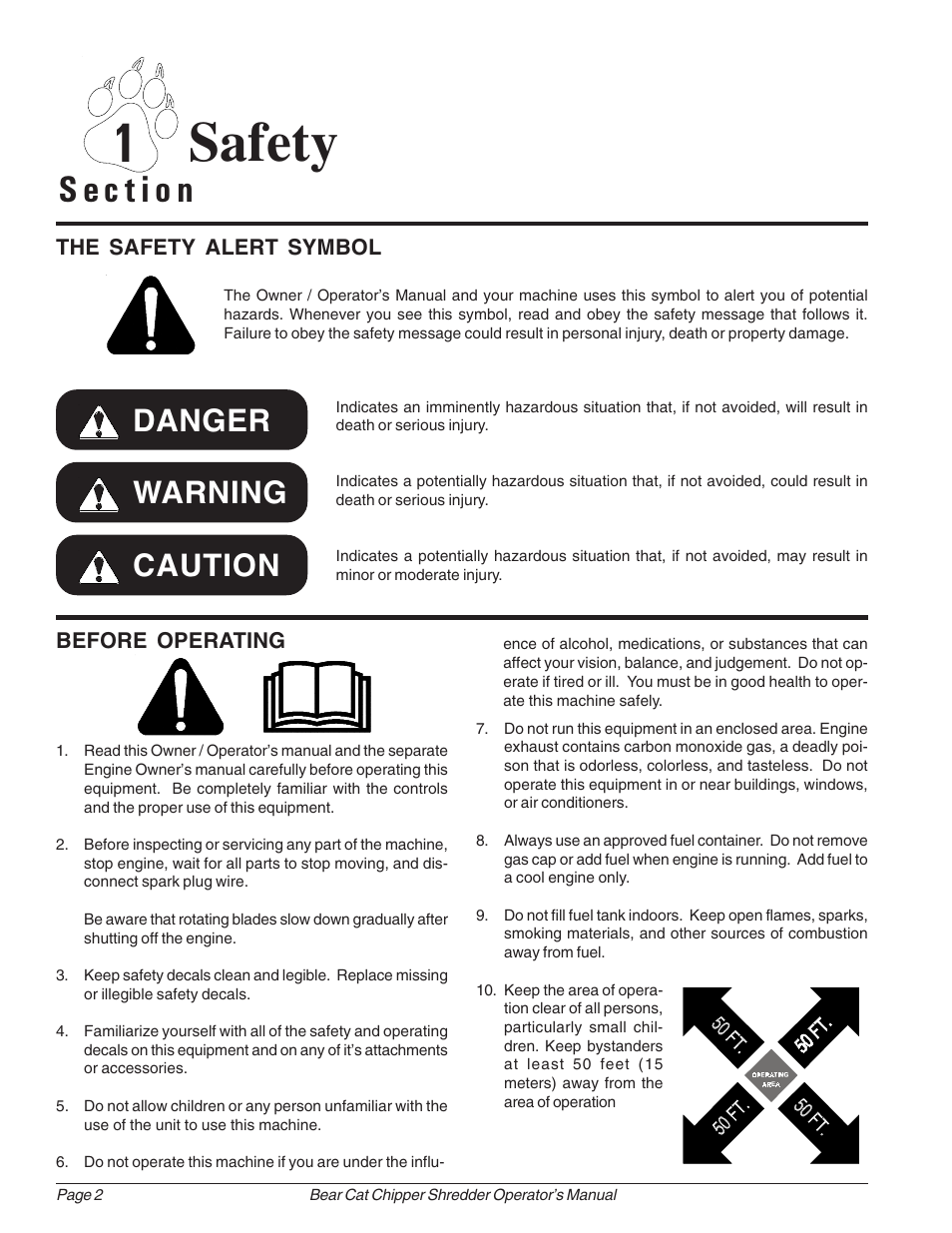 1 safety, Warning danger caution | Echo Bear Cat 70385 User Manual | Page 8 / 52