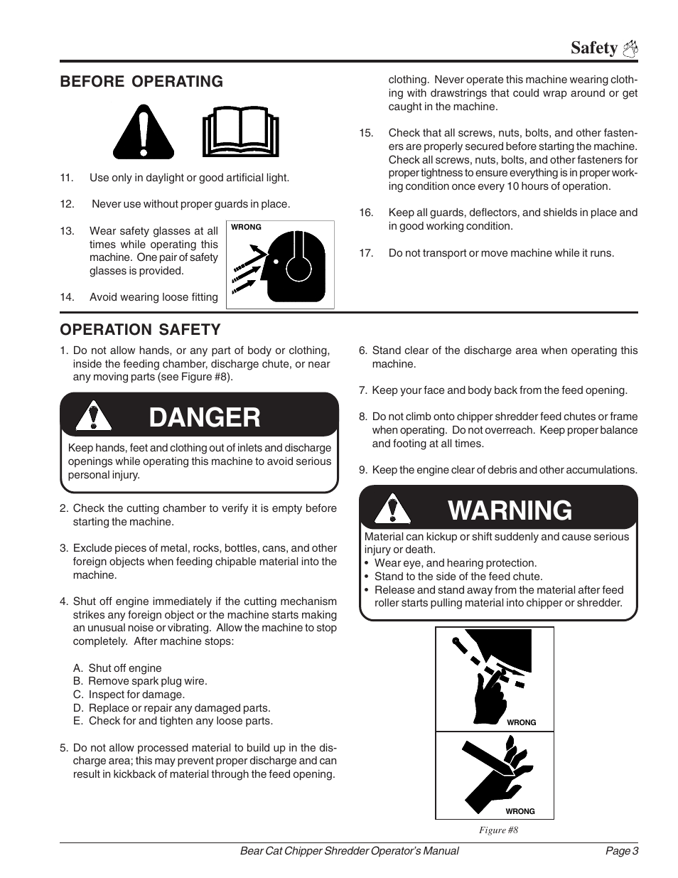 Danger, Warning, Safety | Before operating, Operation safety | Echo Bear Cat 70385 User Manual | Page 9 / 52