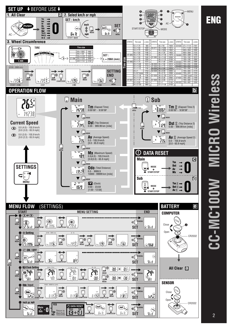 Cc-mc100w micro wireless, Main sub, Ac b | Ad e, Settings, Current speed, Tm 2, Dst 2, Av 2, All clear | CatEye CC-MC100W [Micro Wireless] User Manual | Page 2 / 3