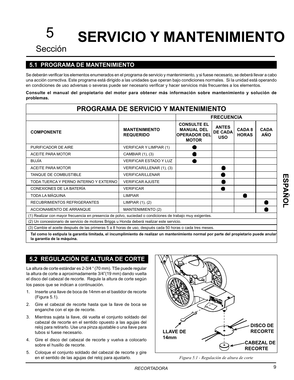 Servicio y mantenimiento, 1 programa de mantenimiento, 2 regulación de altura de corte | 5servicio y mantenimiento, Sección, Es pañol, Programa de servicio y mantenimiento | Echo Bear Cat WT190T 2010 User Manual | Page 13 / 33