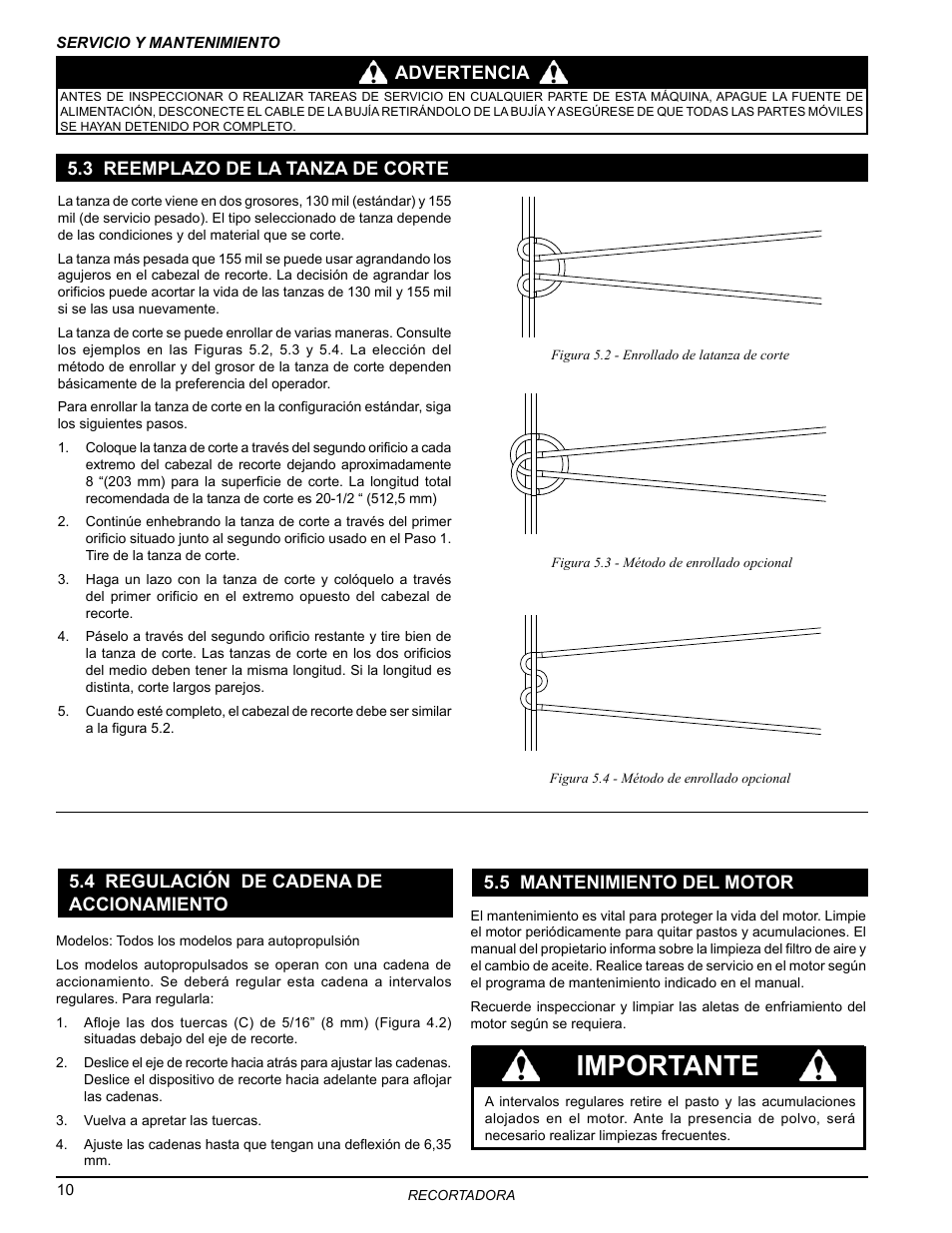 3 reemplazo de la tanza de corte, 4 regulación de cadena de accionamiento, 5 mantenimiento del motor | Importante, Advertencia | Echo Bear Cat WT190T 2010 User Manual | Page 14 / 33