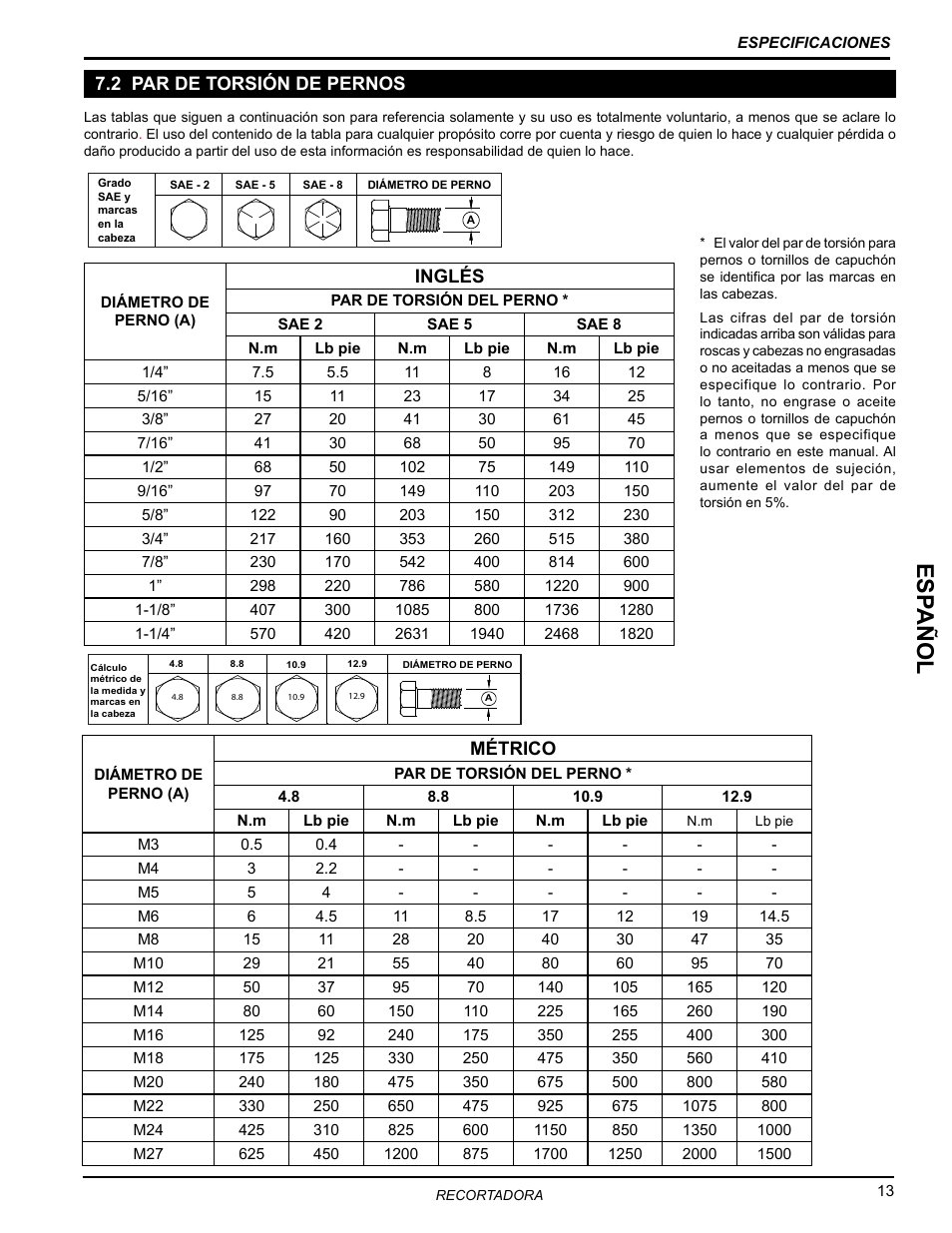 2 par de torsión de pernos, Es pañol | Echo Bear Cat WT190T 2010 User Manual | Page 17 / 33