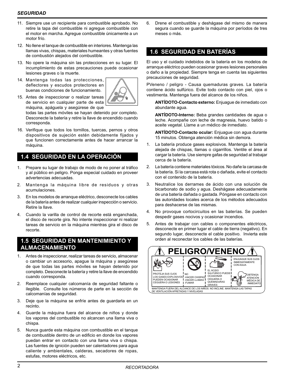 4 seguridad en la operación, 5 seguridad en mantenimiento y almacenamiento, 6 seguridad en baterías | Peligro/veneno | Echo Bear Cat WT190T 2010 User Manual | Page 6 / 33