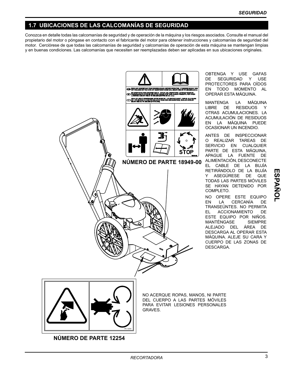 7 ubicaciones de las calcomanías de seguridad, Es pañol | Echo Bear Cat WT190T 2010 User Manual | Page 7 / 33