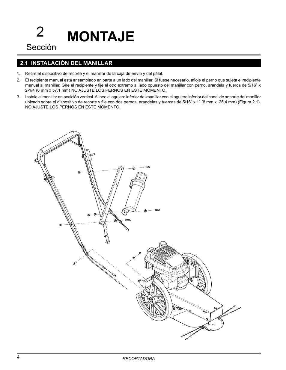 Montaje, 1 instalación del manillar, 2montaje | Sección | Echo Bear Cat WT190T 2010 User Manual | Page 8 / 33