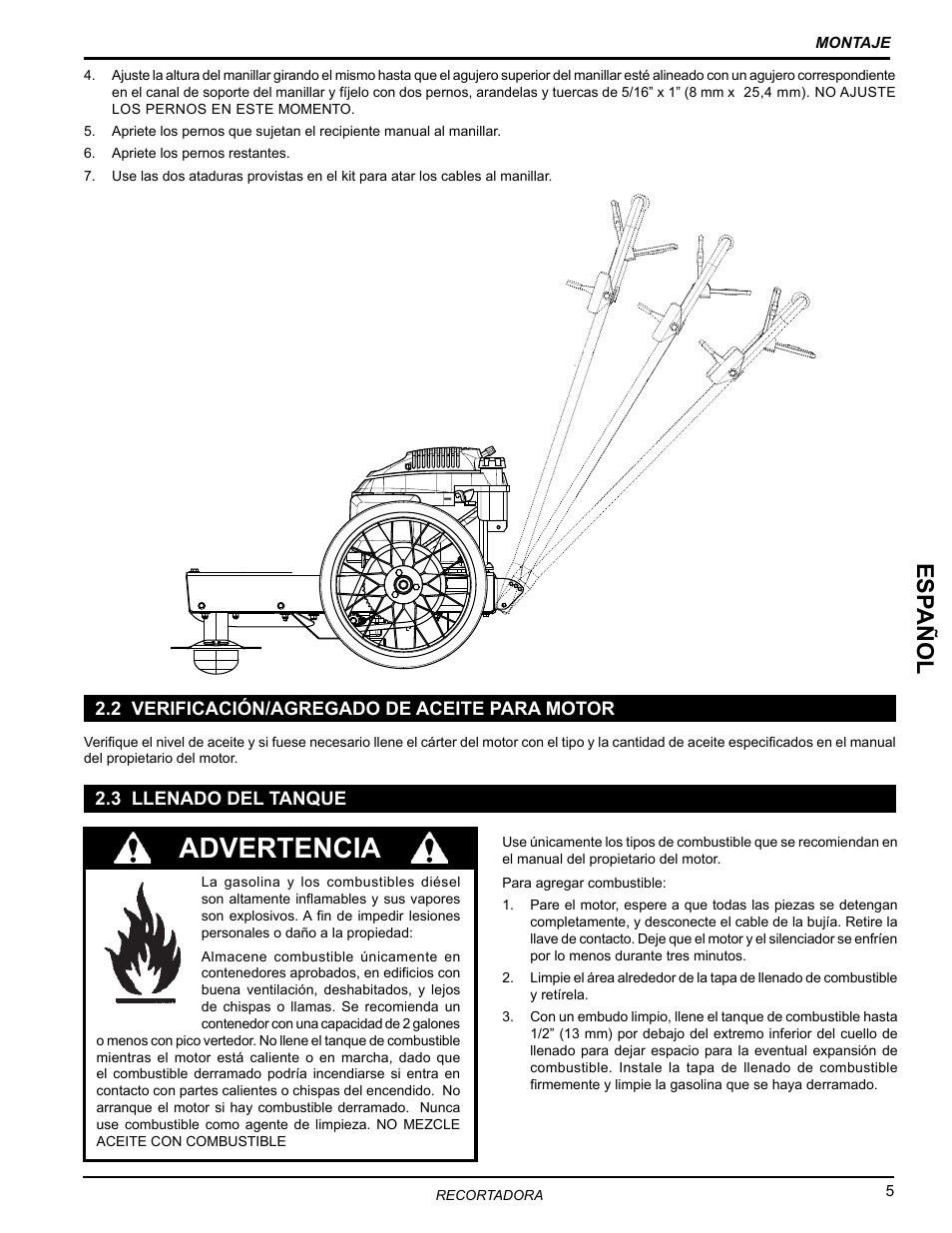 2 verificación/agregado de aceite para motor, 3 llenado del tanque, Advertencia | Es pañol | Echo Bear Cat WT190T 2010 User Manual | Page 9 / 33