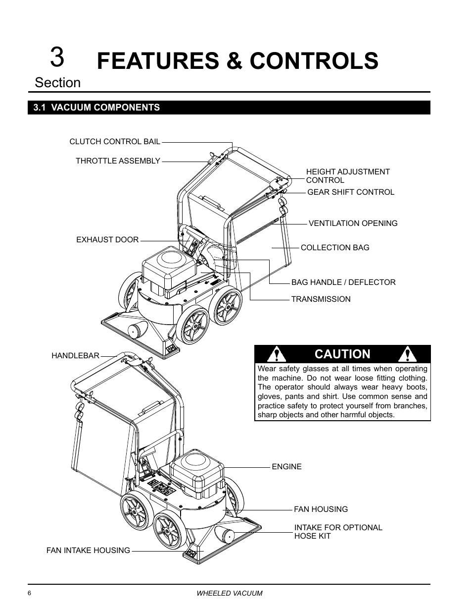 Features & controls, 1 vacuum components, Caution | Echo Bear Cat WV190S 2009 User Manual | Page 10 / 28