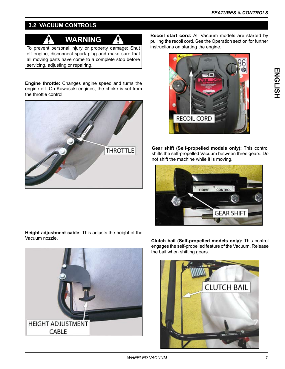 2 vacuum controls, Warning, English | Echo Bear Cat WV190S 2009 User Manual | Page 11 / 28