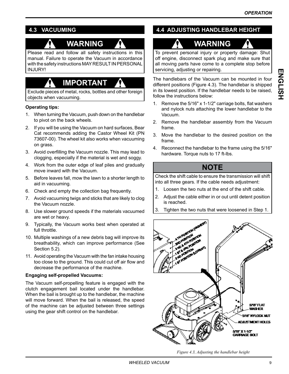3 vacuuming, 4 adjusting handlebar height, 3 vacuuming 4.4 adjusting handlebar height | Warning, Important, English | Echo Bear Cat WV190S 2009 User Manual | Page 13 / 28
