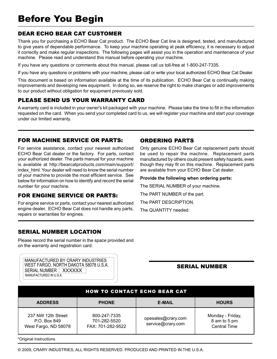 Before you begin | Echo Bear Cat WV190S 2009 User Manual | Page 2 / 28