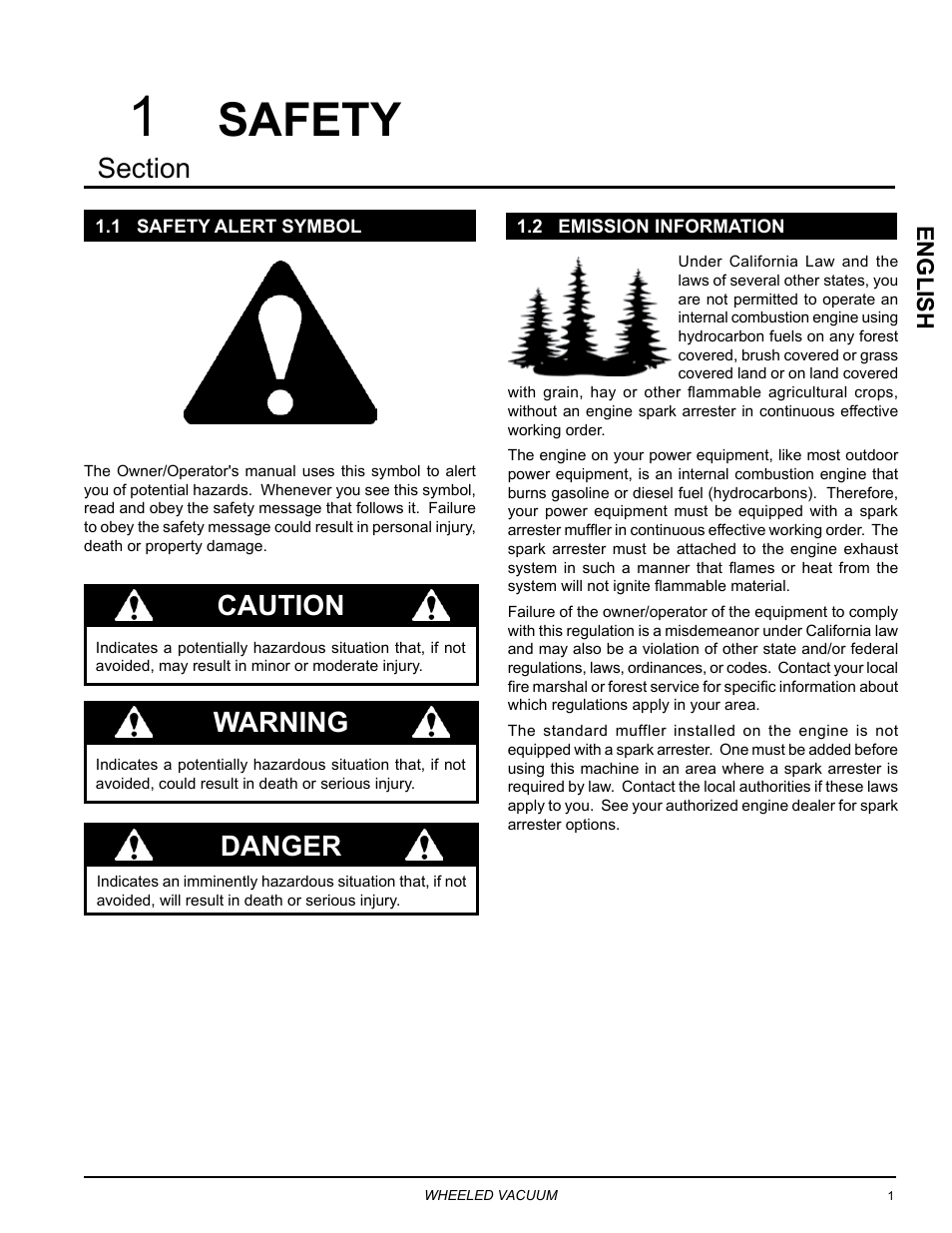 Safety, 1 safety alert symbol, 2 emission information | 1 safety alert symbol 1.2 emission information, Caution, Danger, Warning, English | Echo Bear Cat WV190S 2009 User Manual | Page 5 / 28